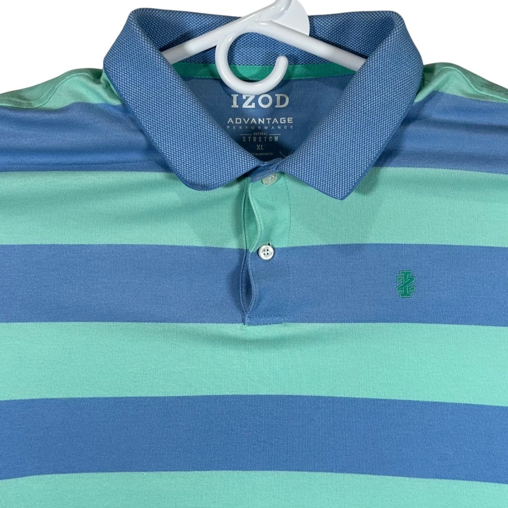 IZOD Advantage Performance Polo Shirt Mens XL‎ Blue Green Striped Short Sleeve